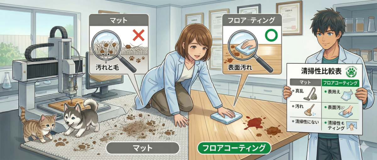 滑り止めフロアマットとペット用フロアコーティングの耐防汚性比較