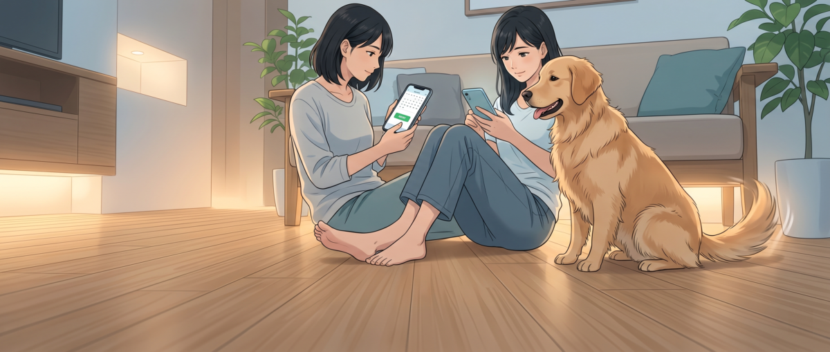 スマートフォンで予約から施工完了までの流れを確認する飼い主と愛犬