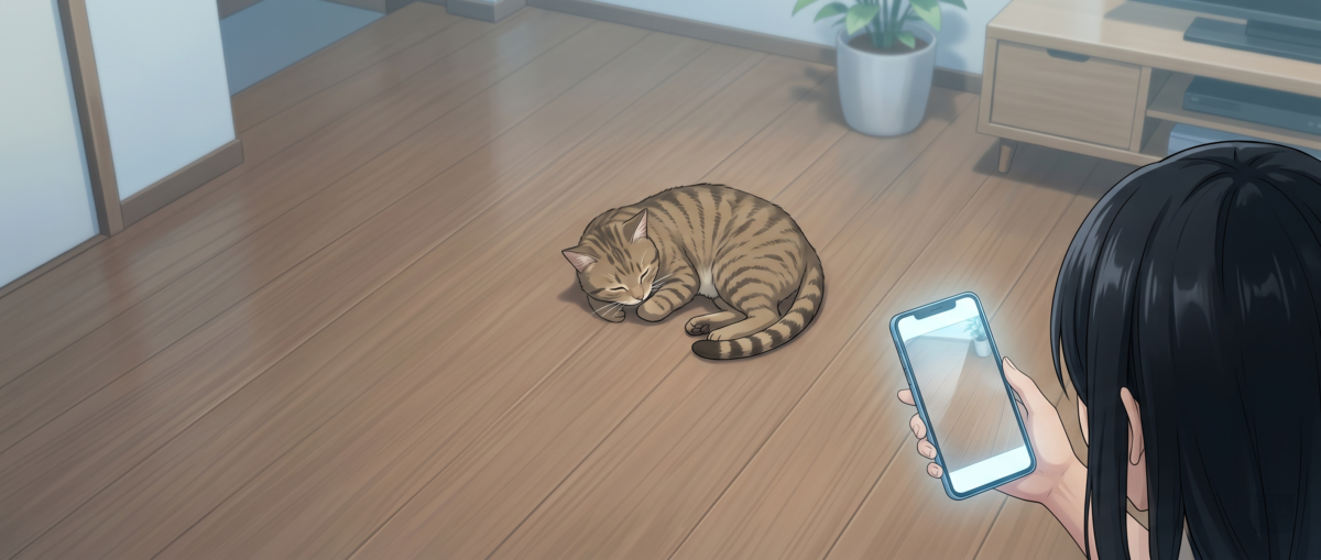 スマートフォン画面と実物の床質感を見比べる飼い主と猫