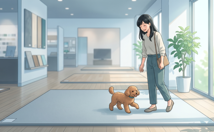 東京練馬ショールームで艶無しマット仕上げを実物確認する愛犬と飼い主