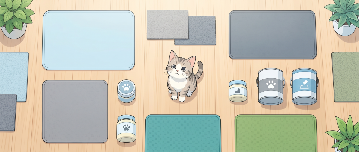 猫のフローリング滑り止め対策10種類のアイテム集合イラスト