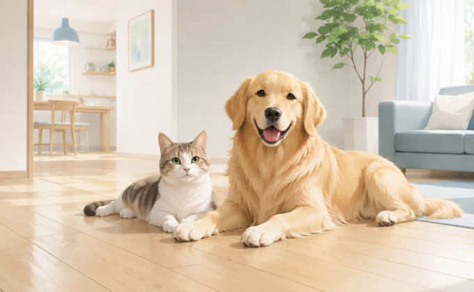 フローリングの上でくつろぐ犬と猫のイメージ