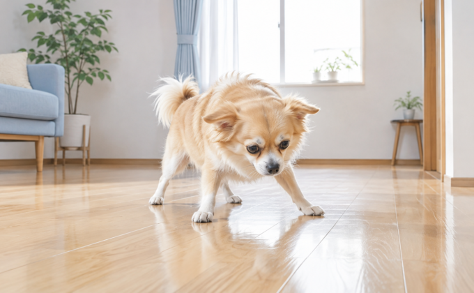 フローリングの上で足を踏ん張って立つ小型犬