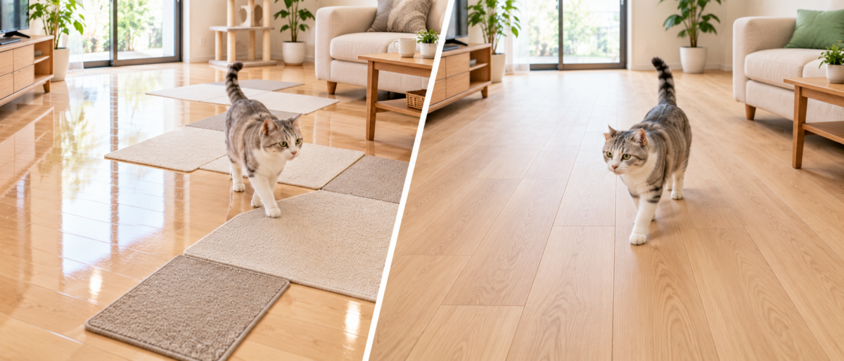 猫用の滑り止めマットとマット仕上げの床コーティングの比較イメージ
