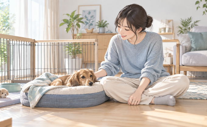 リビングのサークルのそばで休む小型犬と、見守る飼い主のイラスト