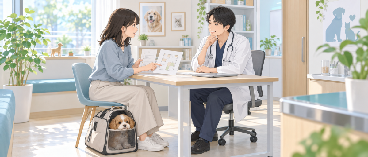 質問のメモを見せながら、獣医師に床の対策を相談する飼い主のイラスト