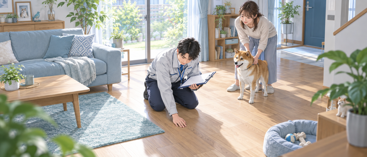 千葉の住まいで、飼い主と犬が見守るなかスタッフが床の状態を確認するイラスト