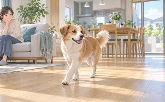 千葉の戸建てリビングで犬がフローリングを歩いている様子のイラスト