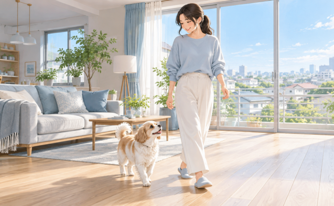 東京の住まいで愛犬と飼い主がマット仕上りの床を歩くイラスト