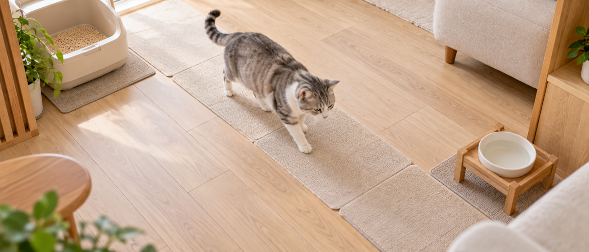 高齢猫の滑り止め対策としてトイレと食事の動線に敷いたマット