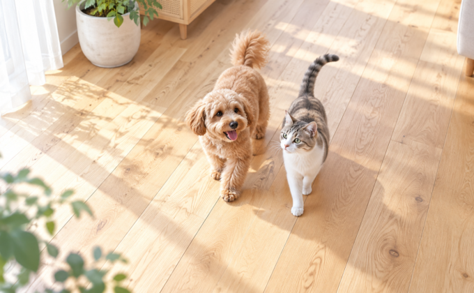 突板・挽板の天然木の床で犬と猫がくつろぐ部屋のイメージ