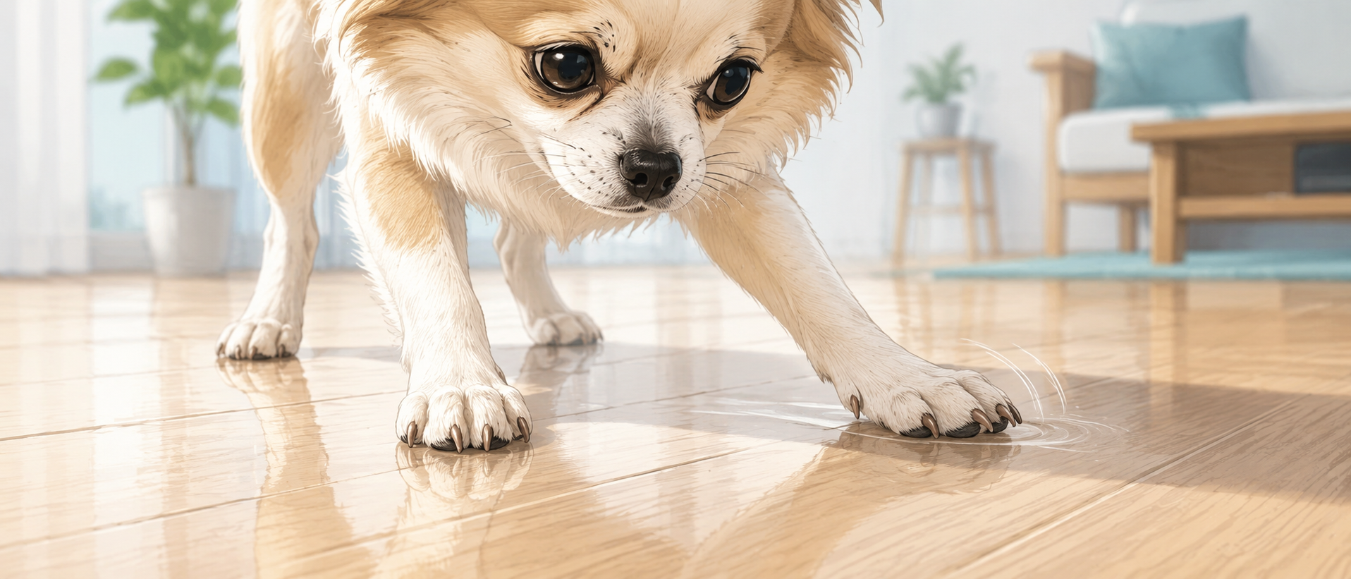 フローリングの上で肉球と爪を床につけて踏ん張る犬の足元